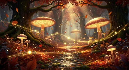 A whimsical autumnal forest scene, featuring large glowing mushrooms, sunlit pathways, and falling leaves, creating a magical atmosphere