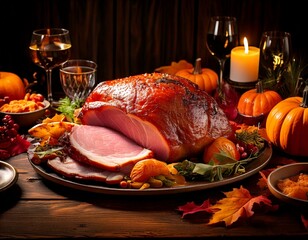 Warmly lit thanksgiving feast with glazed ham pumpkins and autumn leaves creating a cozy and.jpg