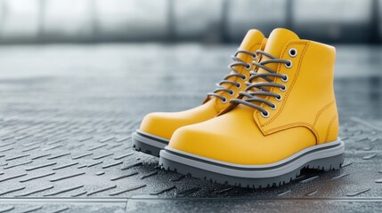 Bright Yellow Boots with Modern Design on Industrial Background
