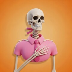 A whimsical, cartoonish skeleton figure sporting a pink collared shirt and tie, with a hand over the chest