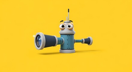 A whimsical, cartoon-like robot with inquisitive eyes. It has a telescope as one arm and a dark cylindrical protrusion on each side. The background is yellow