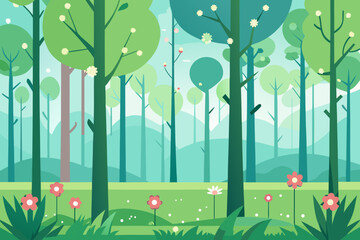 Flat Design Spring Forest Landscape with Flowers and Trees nature