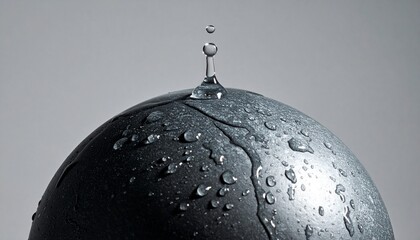 Clean Minimalist Photography of a Water Droplet Sliding Down a Dark Gray Matte Sphere