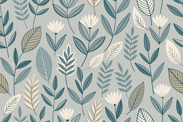 Floral and Leaf Pattern with Teal Blue Beige and White Flowers on Gray Background Keywords: floral, pattern, seamless, leaves, flowers, branches