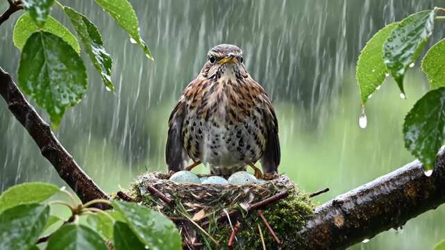 Song Thrush protecting nest and eggs from heavy rain. Mother bird spreading wings to shield blue eggs during a storm. Wildlife parenting concept