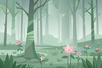 Gentle forest clearing with pink flowers and soft sunlight nature landscape