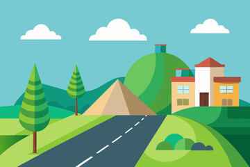 Geometric landscape with a pyramid house and winding road flat design illustration
