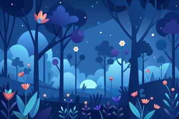 Magical night forest with vibrant glowing flowers and moonlit sky trees stars