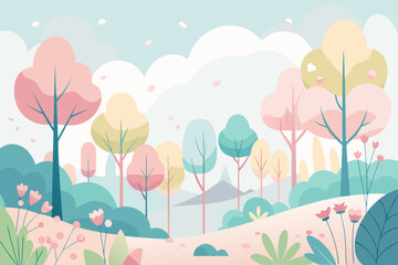 Gentle pastel forest scene with a path winding through stylized trees nature landscape