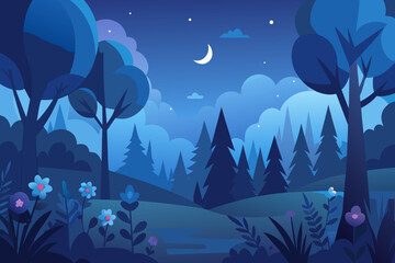 Mystical forest scene under a crescent moon with glowing flowers night stars