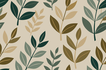 Muted Botanical Pattern with Varied Green and Tan Leaves Keywords: botanical, pattern, leaves, muted colors, foliage, plant, branch, organic