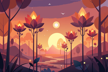 Mystical landscape with glowing lotus-like flowers at sunset nature stylized