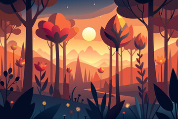 Mystical forest valley at sunset with layered mountains and glowing flowers landscape nature