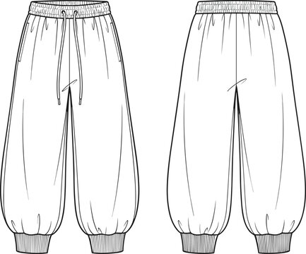 Jogger pants front and back outline template flat vector apparel mockup fashion design illustration