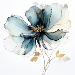 Abstract flower, delicate botanical floral background/ Elegant navy blue and gold art illustration on white background for modern luxury home decor