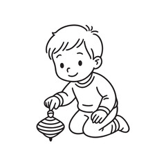 Line Drawing of Child Playing with Spinning Top on White Background