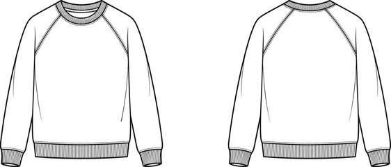 Raglan sweatshirt front and back outline template flat vector apparel mockup fashion design illustration