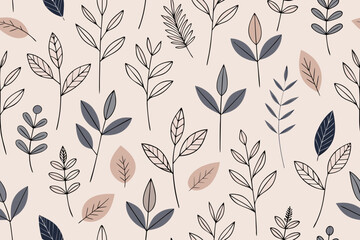 Seamless Pattern of Delicate Hand- Drawn Botanical Branches and Leaves in Pastel Tones Keywords: botanical, pattern, seamless, leaves, branches
