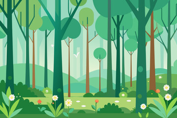 Serene Forest Panorama with Gentle Hills and Flowers nature trees