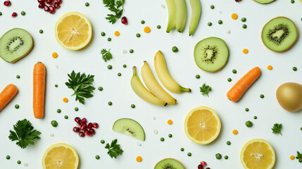 Fresh fruits and vegetables flat lay with carrots, lemons, and kiwis.