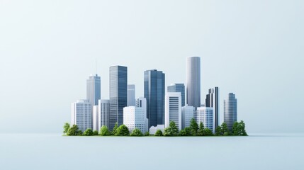 Modern City Skyline with Greenery on an Island Against a Gray Background