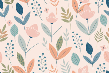 Softly Colored Repeating Pattern of Flowers and Leaves on a Light Background floral seamless