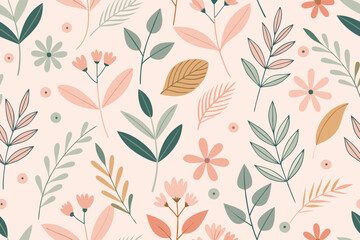Soft Pastel Floral and Leaf Pattern with Subtle Texture leaves botanical