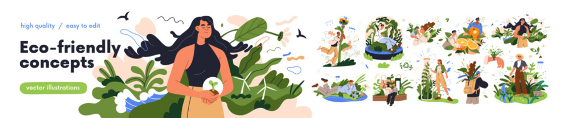 Eco-friendly concept set. Zero-waste lifestyle, saving and protecting planet. Green sustainable environment, ecology, nature, ecosystem. Flat graphic vector illustrations isolated on white background. © Good Studio