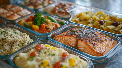 Fototapeta premium Healthy meal prep containers with salmon, vegetables, and pasta