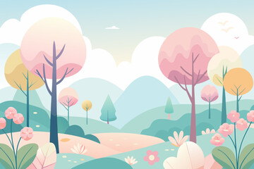 Soft pastel landscape with stylized trees, rolling hills, and blooming flowers nature forest