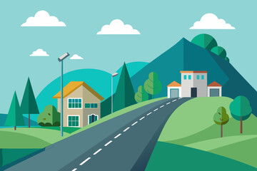 Stylized countryside scene with houses and a winding road flat design