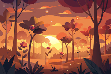 Warm sunset over a stylized forest with blooming flowers landscape nature