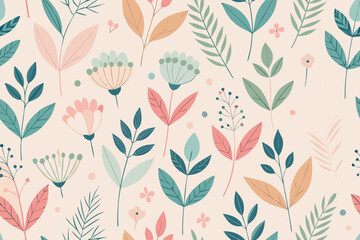 Whimsical Botanical Pattern with Pastel Flowers and Leaves floral