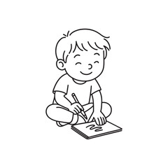 Line Drawing of Child Sitting Cross-Legged and Drawing with Pencil on White Background