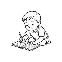 Line Drawing of Child Sitting and Writing in Notebook with Pencil on White Background