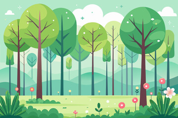 Whimsical Forest Illustration with Round Trees and Flowers nature landscape