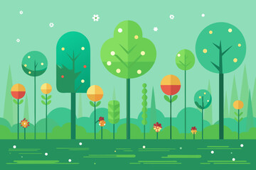 Whimsical Flat Design Forest with Colorful Flowers and Abstract Elements Keywords: forest, landscape, nature, trees, stylized, flat design