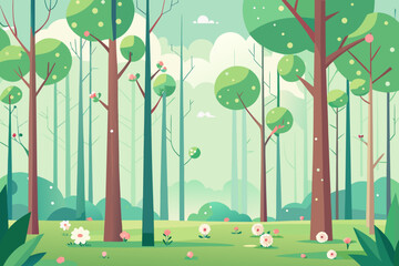 Whimsical Forest with Pink Flowers and Rounded Trees nature spring