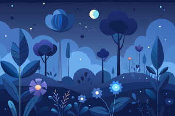 Whimsical night forest with abstract trees and glowing flowers moon stars