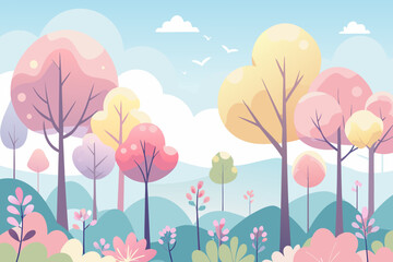 Whimsical pastel forest landscape with stylized trees and fluffy clouds nature