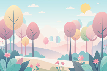 Whimsical Spring Landscape with Rounded Trees and a Bright Yellow Sun nature