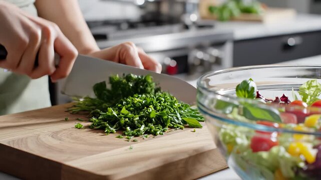 Person chopping herbs in kitchen