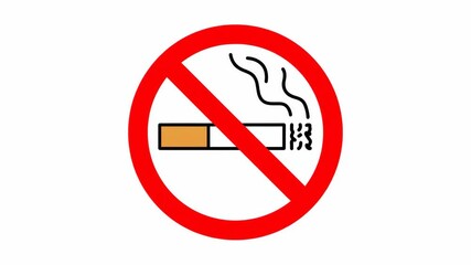 Animated No Smoking sign appearing on a white background. Red prohibition symbol with a cigarette icon. Smoke-free zone concept