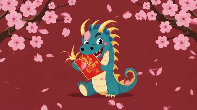 Cute animated cartoon Chinese dragon holding a red envelope, surrounded by falling cherry blossoms for Chinese New Year