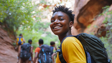 Teenage African American leader smiles while guiding a hiking group through a scenic forest trail during an outdoor adventure
