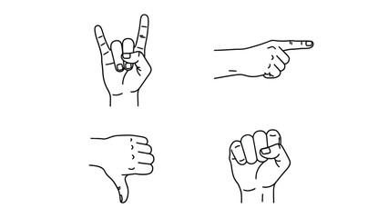 Obraz premium Hand Gestures in Simple Line Art Style with Black and White Color on White Background for Sign Language