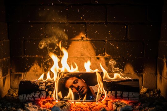 Man's photo engulfed in fierce flames within a fireplace, symbolizing a painful relationship breakup, lost love, and emotional letting go