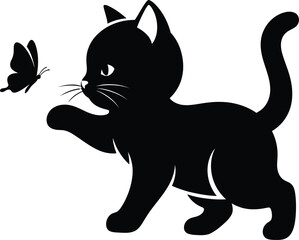 Obraz premium Black silhouette of a curious cat playing with a butterfly against a clean white background.