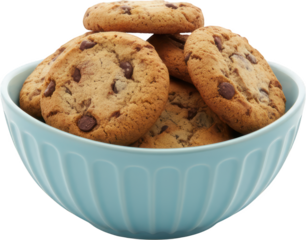 Stack Of Classic Chocolate Chip Cookies Piled High Inside A Pale Blue Ceramic Bowl With Vertical Ridges Isolated On A Transparent Background Baked Goods Dessert