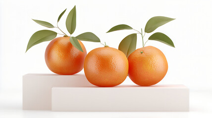 Three Fresh Oranges with Green Leaves on White Geometric Pedestals Isolated on White Background.